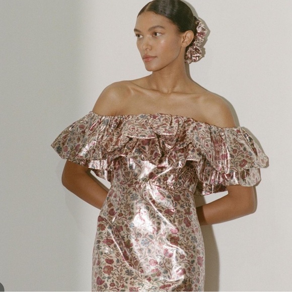 Rhode Off The Shoulder Viola Dress in Cream Vichy Rose - Picture 2 of 6